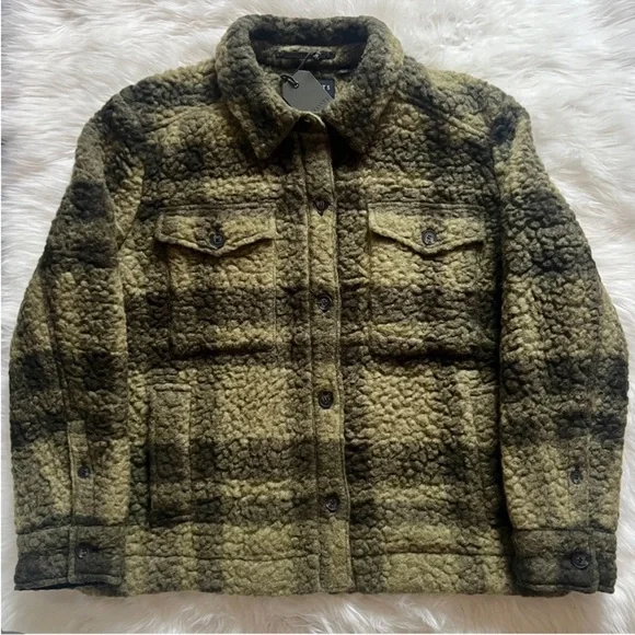New!  ALL SAINTS Rosey Check Khaki Green Plaid Wool Blend Overshirt Jacket - Picture 5 of 10